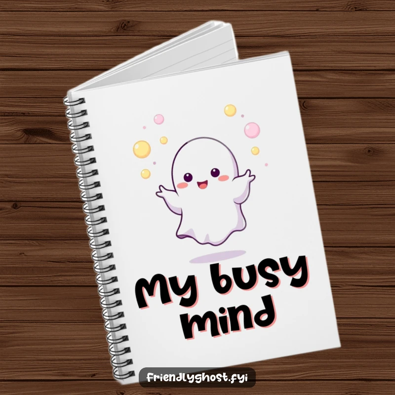 Funny juggling ghost notebook with a tiny character expertly juggling tiny, glowing orbs, a humorous and functional stationery item gift.