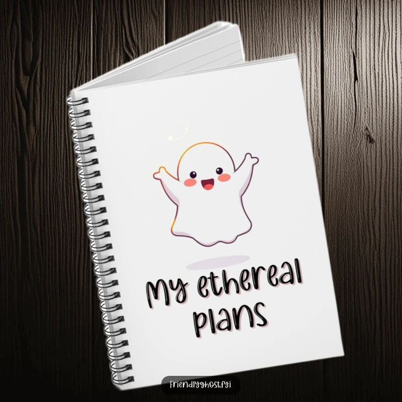 Funny joyful ghost character doing a cartwheel in a sunbeam, on the cover of a humorous notebook.
