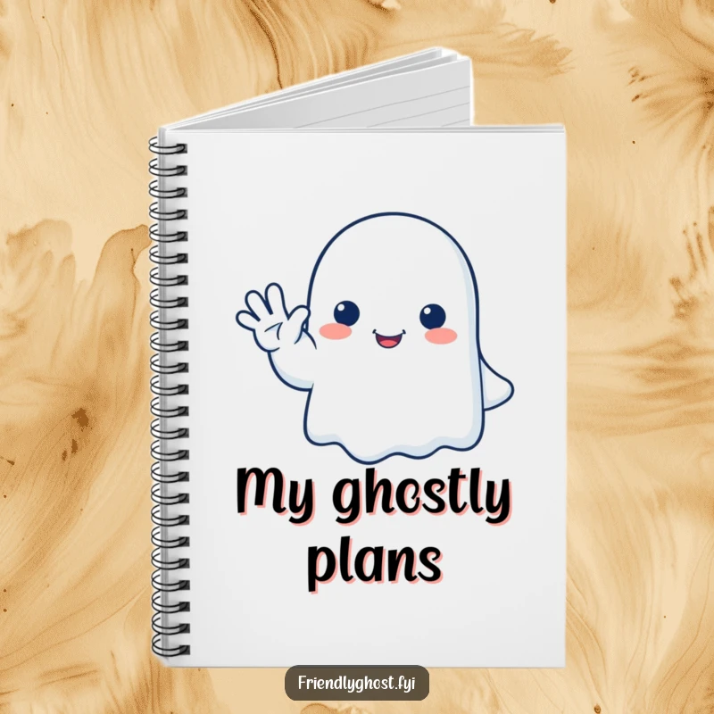 Funny ghost notebook featuring a happy ghost giving a gentle, friendly wave goodbye, ideal for jotting notes with a smile.