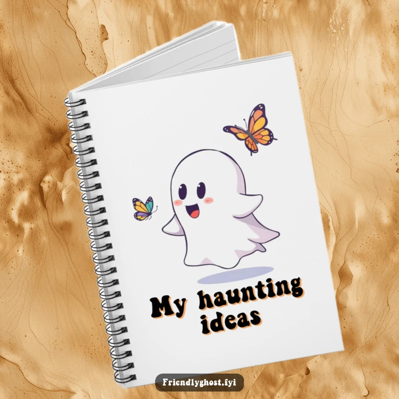 Funny ghost notebook with a playful ghost enthusiastically chasing a butterfly, perfect for jotting down notes with a smile.