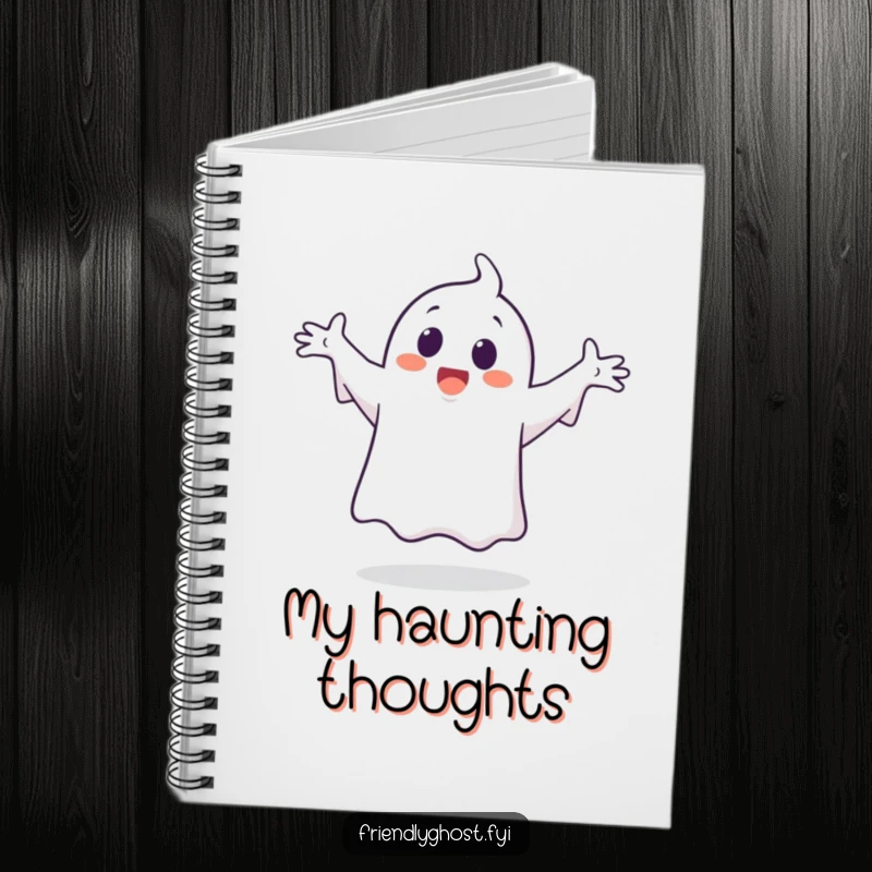 Funny ghost character notebook, captured mid-silly dance with arms outstretched, embodying happy, playful energy.