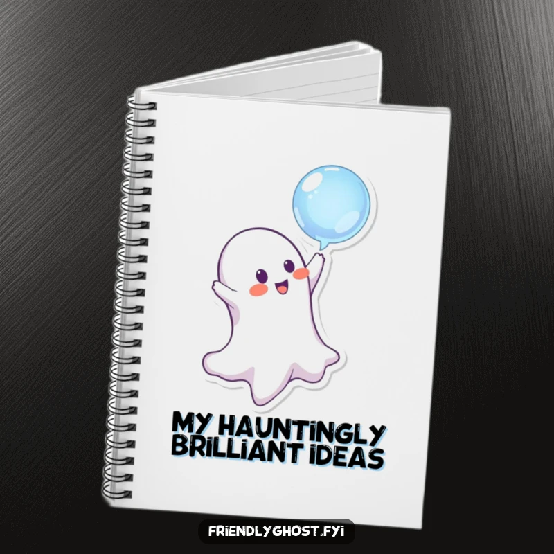 Funny ghost character bopping a bubble on the cover of a notebook, inspiring playful note-taking.