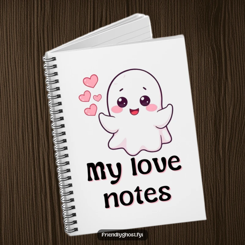 Funny cheerful ghost character blowing heart-shaped bubbles, on the cover of a humorous notebook.