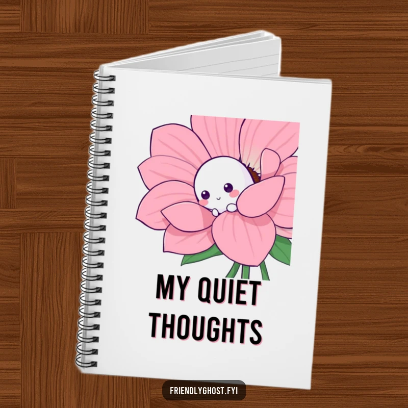 Funny shy ghost notebook with a shy character playfully peeking from behind a large, colorful flower.