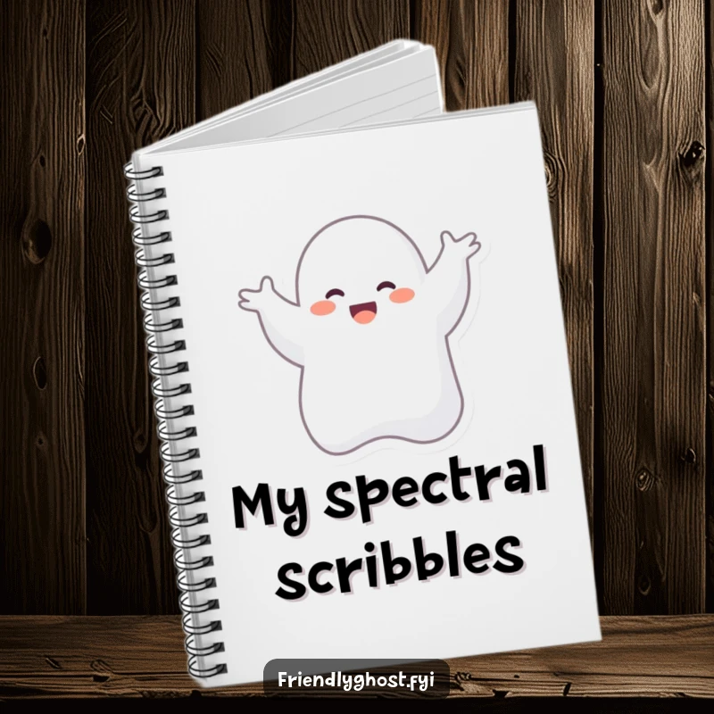 Funny notebook cover with a giggling ghost character energetically doing a silly dance, inspiring fun note-taking and creative thought.