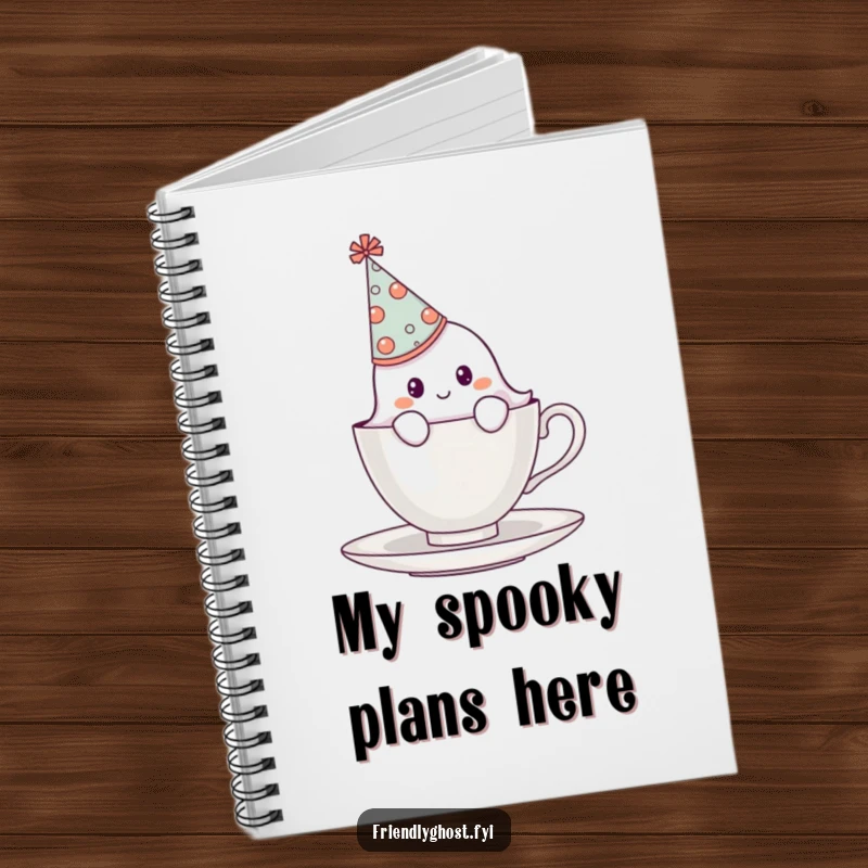 Funny shy ghost in a party hat peeking from behind a teacup, a humorous notebook for jotting down thoughts.