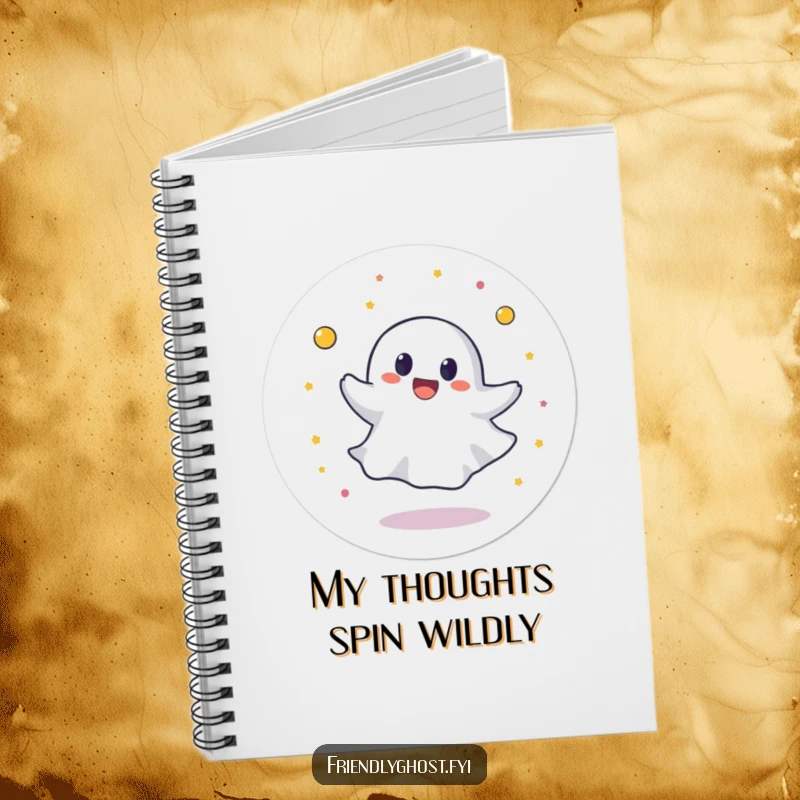 Funny notebook cover with a round ghost character spinning in a circle with joyful abandon, inspiring happy note-taking.
