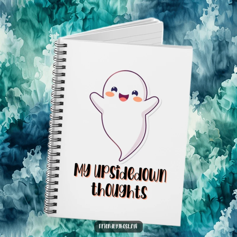 Funny upside down ghost notebook featuring a happy, smiling ghost floating inverted, ideal for quirky notes and funny gift lovers.