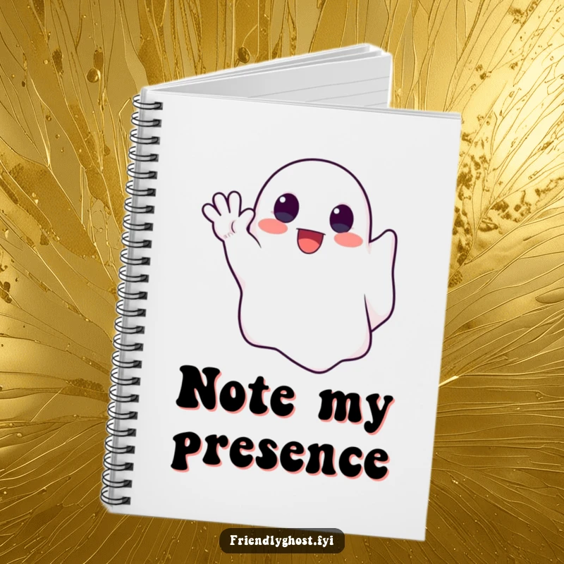 Funny notebook cover with a cute ghost enthusiastically waving a spectral hand, inspiring friendly spectral note-taking.