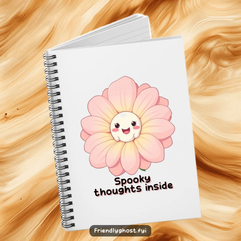 Funny Ghost Flower Notebook: Cute ghost peeking from behind a smiling flower, designed for jotting down notes with a humorous touch.