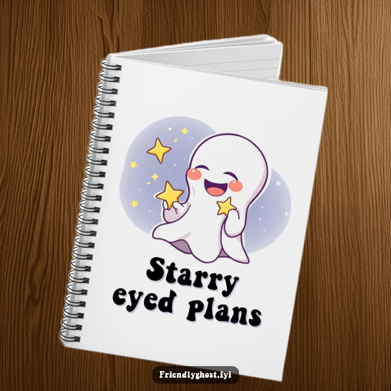 Funny ghost child notebook featuring a giggling ghost holding a twinkling star, ideal for jotting notes with a smile.