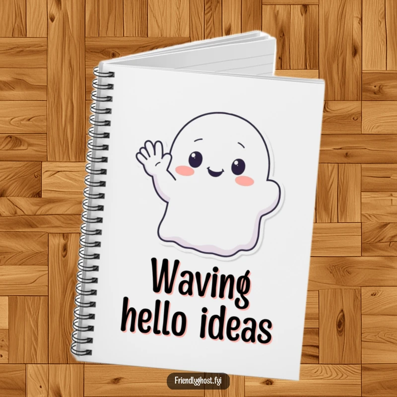 Funny notebook showing a kawaii ghost character enthusiastically waving with a cute, translucent hand.