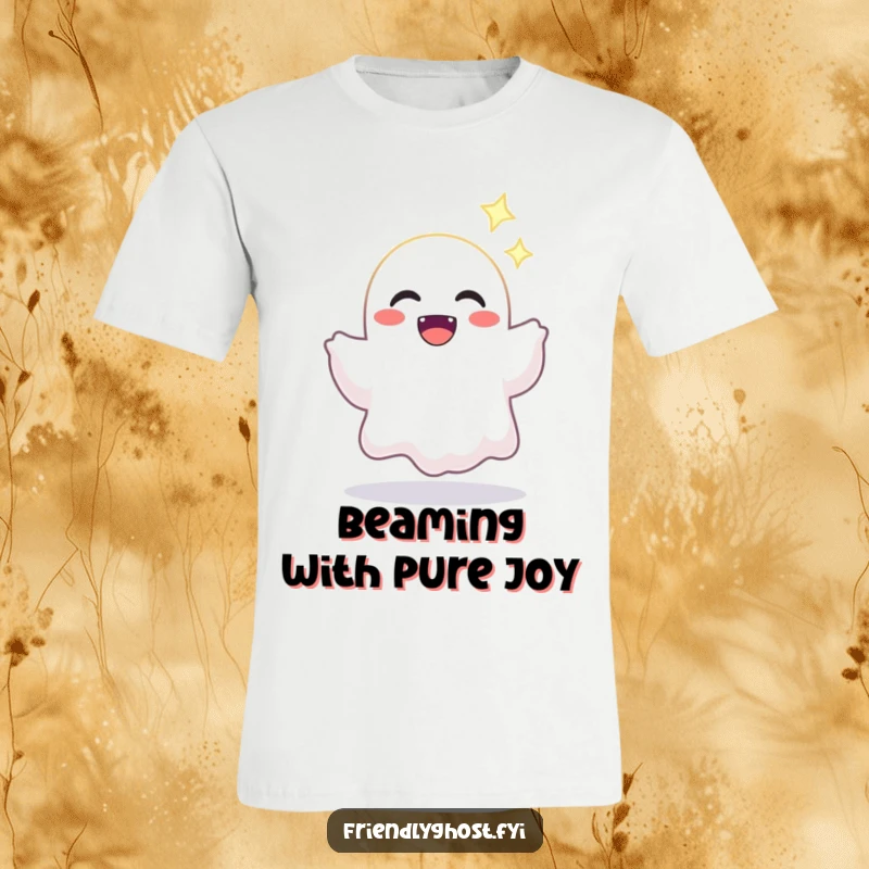 Funny t-shirt showing a joyful ghost character offering a bright, sparkling light, symbolizing generosity and positivity.