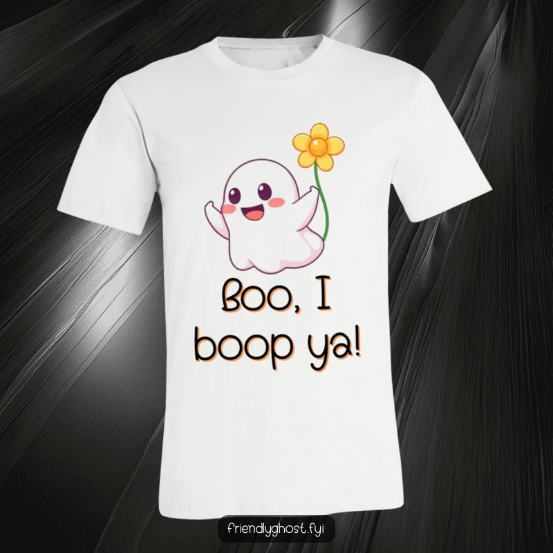 Funny t-shirt showing a grinning ghost playfully booping a floating flower, perfect for expressing a cheerful personality.