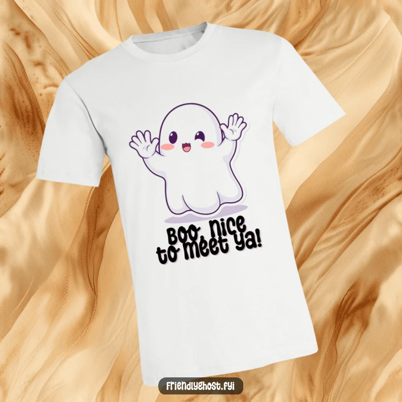 Funny Ghost Waving T-Shirt: Ghost with a translucent hand waving excitedly, designed for maximum friendly spectral charm.