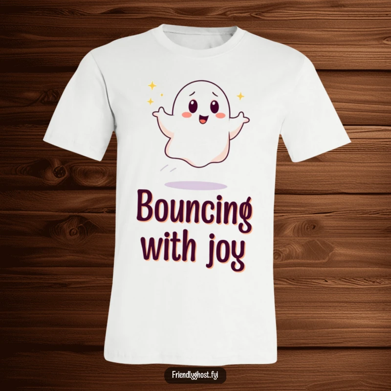 Funny Bouncing Ghost T-Shirt: A happy ghost bounces leaving a glittery trail, giggling gleefully. A must-have funny gift for cheerful souls.