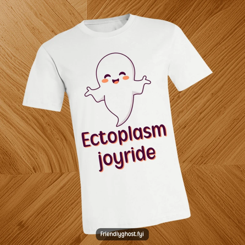 Funny ghost t-shirt showing a smiling ghost with arms wide open, embracing a shimmering bubble in a heartwarming scene.