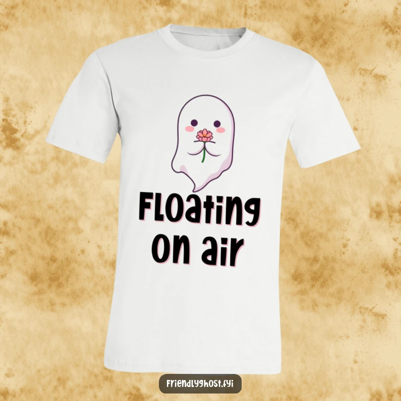 Funny Floating Ghost T-Shirt: A serene ghost descends with a blooming flower, exuding peace. A lovely funny gift for nature lovers.