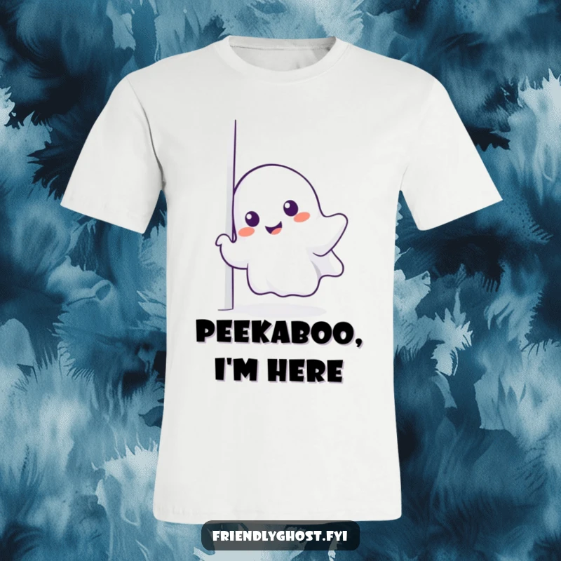 Funny ghost t-shirt, a charming spirit peeking around a corner with a delightful, mischievous smile.