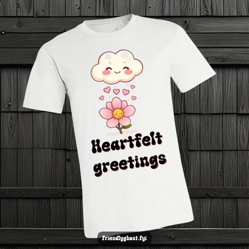 Funny T-shirt showing a happy cloud showering a flower with sparkling hearts, embodying love, kindness, and cheerful weather.
