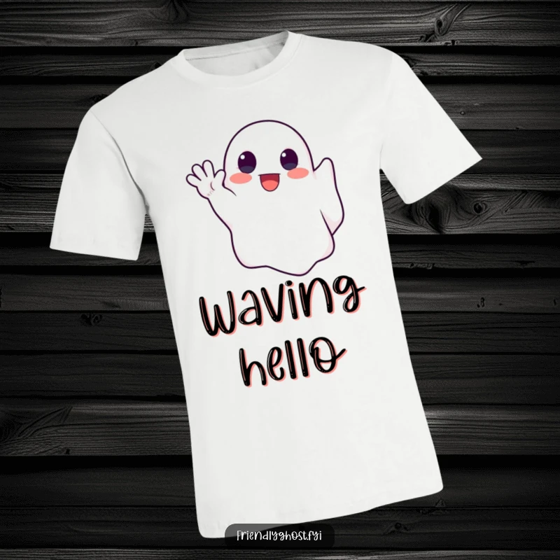 Funny t-shirt showing a cute ghost enthusiastically waving with a translucent spectral hand, radiating friendly vibes.
