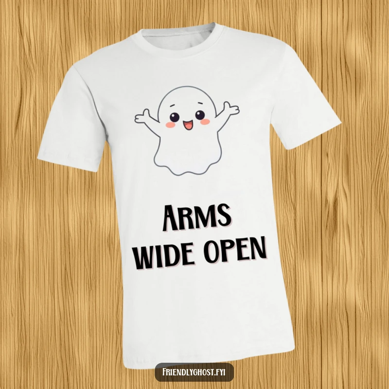 Funny t-shirt showcasing a small ghost character happily floating with arms outstretched in celebration.