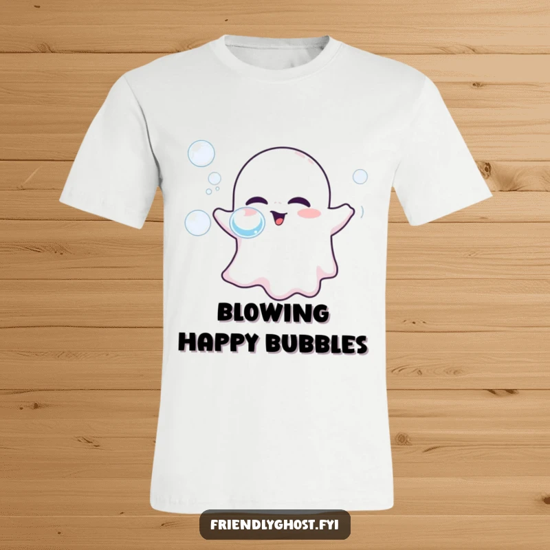 Funny t-shirt with a cute, friendly ghost playfully blowing colorful bubbles, embodying lighthearted fun and gentle mischief.