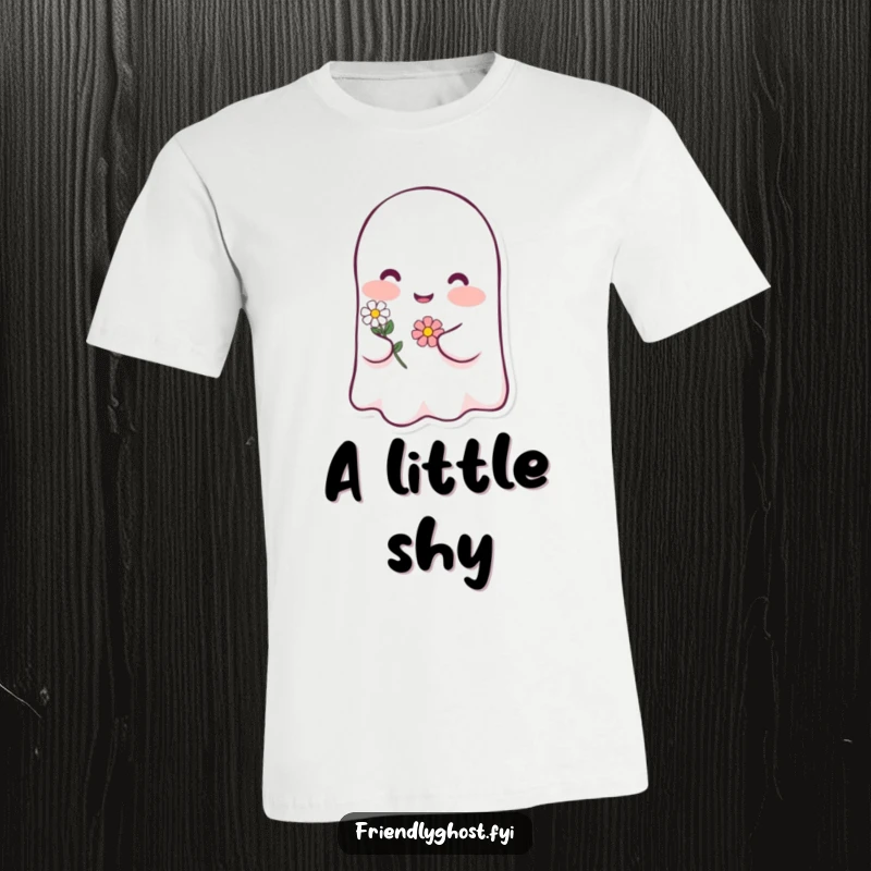 Funny ghost blush t-shirt with a happy character blushing pink and holding a tiny flower, a comfortable and humorous apparel gift.