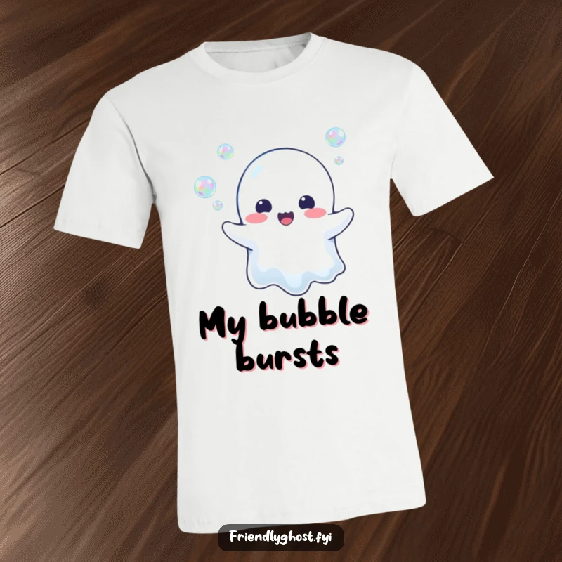 Funny Ghost Bubble Blower T-Shirt: A happy ghost joyfully blows iridescent bubbles, spreading cheer and wonder with every puff.