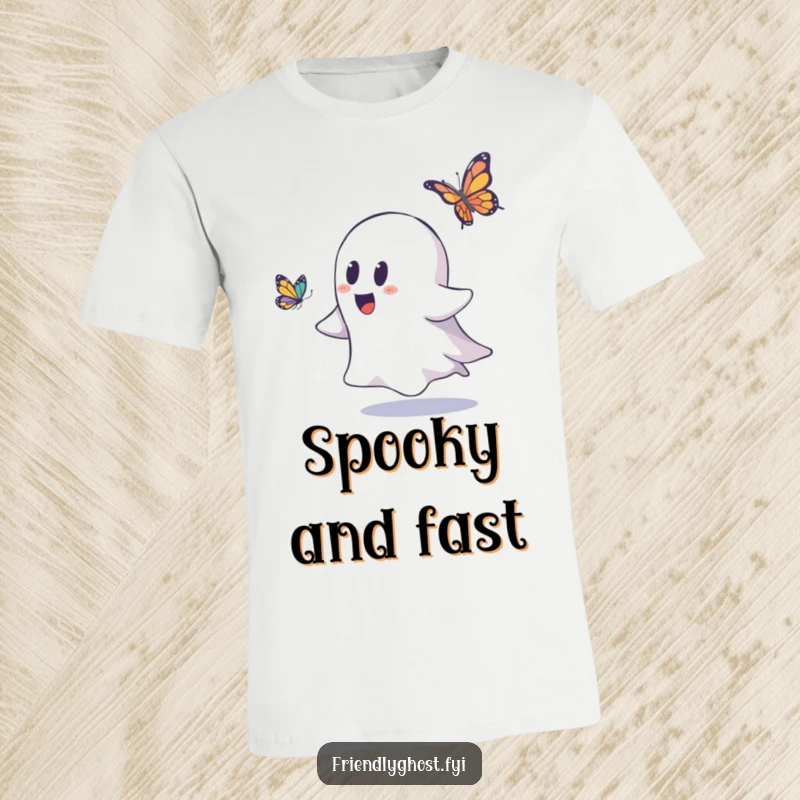 Funny ghost t-shirt in mid-chase after a fluttering butterfly, embodying playful energy and innocent fun.