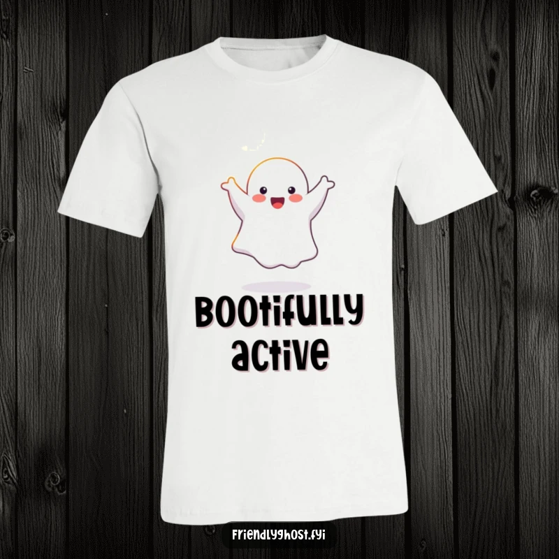 Funny happy ghost performing a cartwheel in a sunbeam, printed on a comfortable and humorous t-shirt.