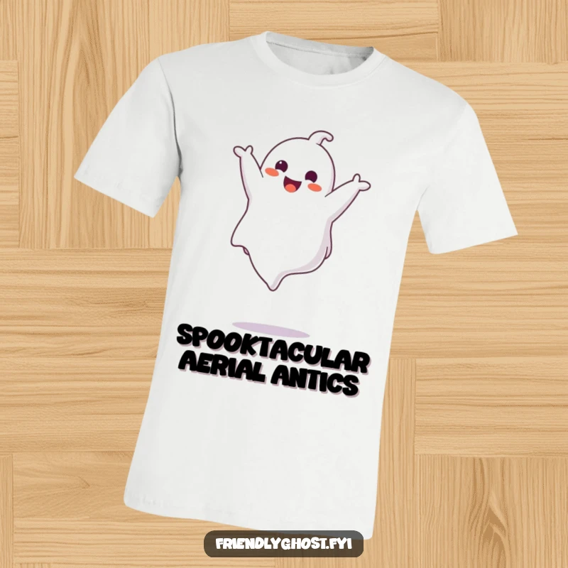 Funny ghost character joyfully performing a gentle somersault mid-air, showcasing a playful and ghostly athletic move, great gift.