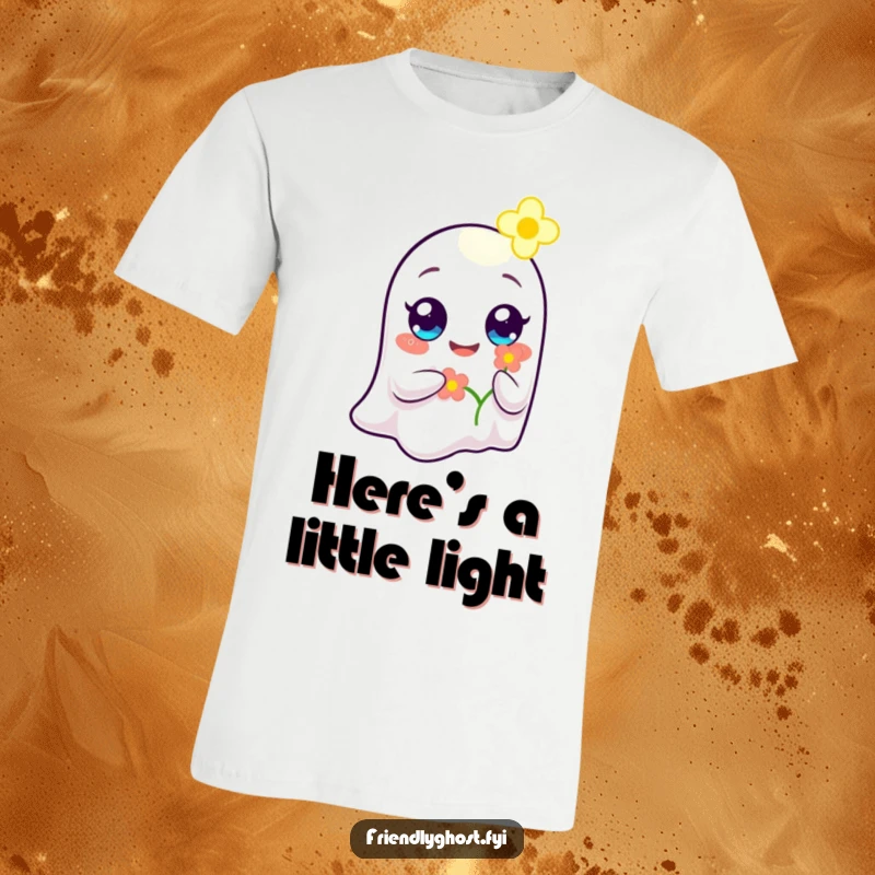 Funny Ghost Flower Bearer T-Shirt: A ghost with bright, happy eyes offers a glowing flower, symbolizing love and gentle kindness.