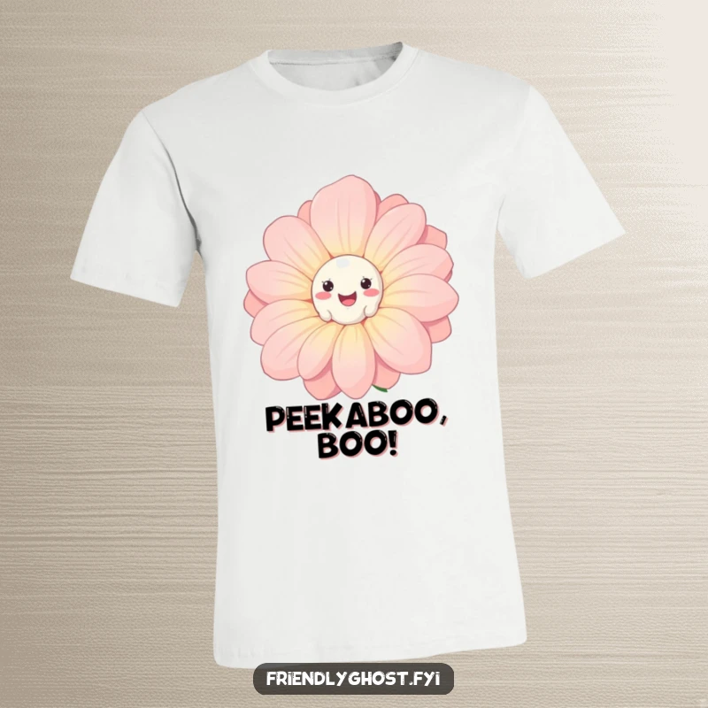 Funny Ghost Flower T-Shirt: Cute ghost playfully peeking from behind a large, smiling flower, offering a whimsical and lighthearted vibe.