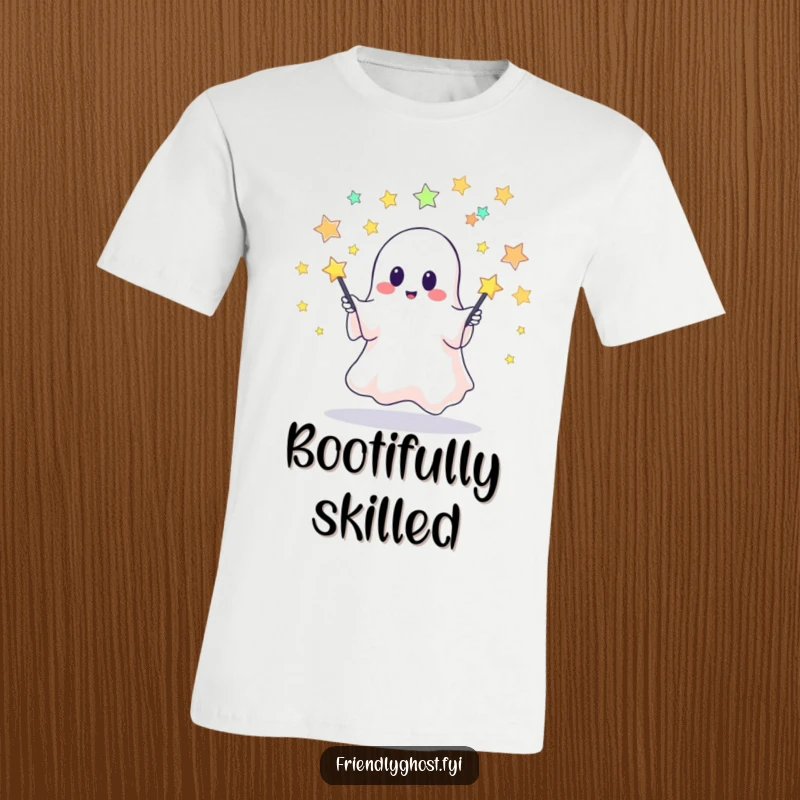 Funny T-shirt showcasing a cute ghost adeptly juggling glowing pins made of stars, embodying playful magic and celestial joy.