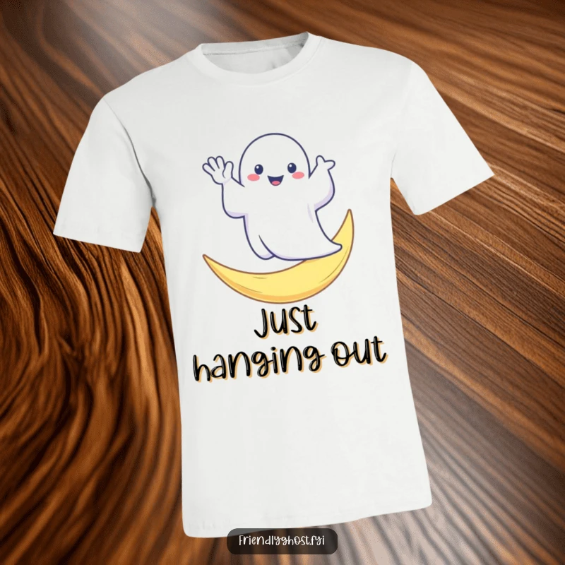 Funny t-shirt displaying a charming ghost waving hello from a large crescent moon, perfect for casual, spooky, and humorous wear.