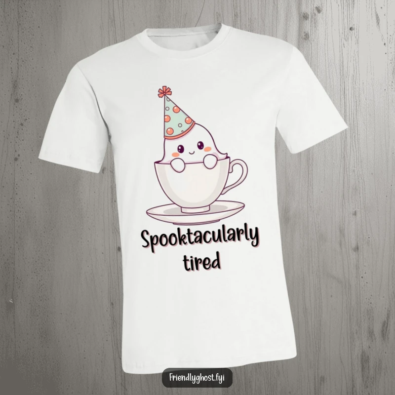 Funny shy ghost wearing a tiny, oversized party hat, peeking from behind a teacup, a cute and humorous graphic tee.