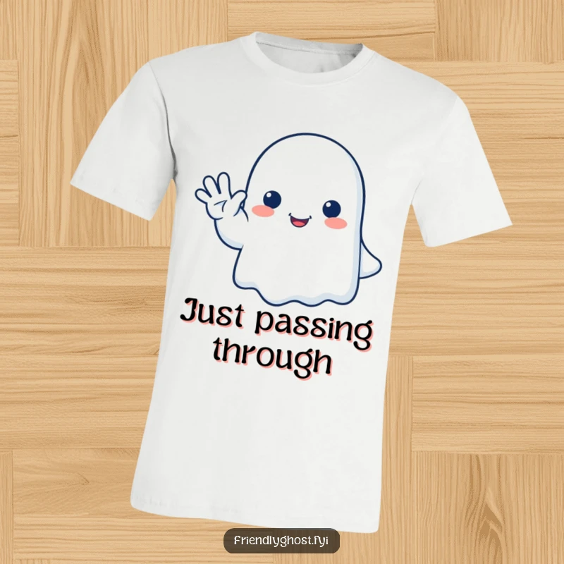Funny ghost t-shirt featuring a happy ghost giving a gentle, friendly wave goodbye, ideal for casual wear and spreading cheer.