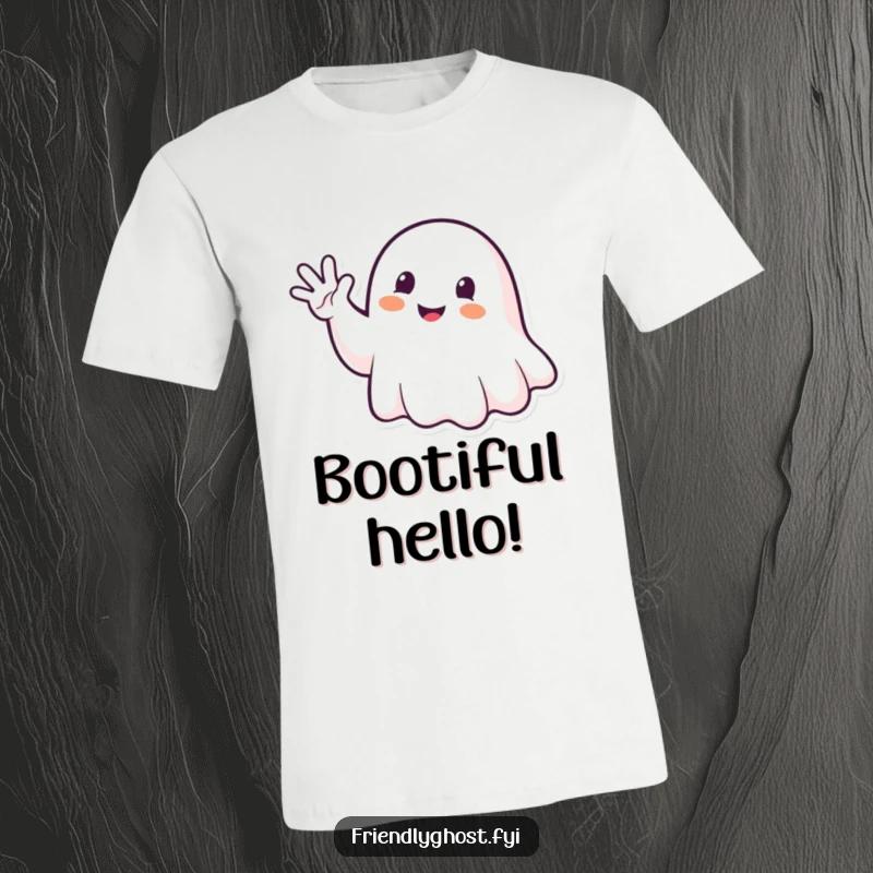 Funny Ghost Waving T-Shirt: Happy spirit waving enthusiastically with a spectral hand, perfect for a humorous gift.