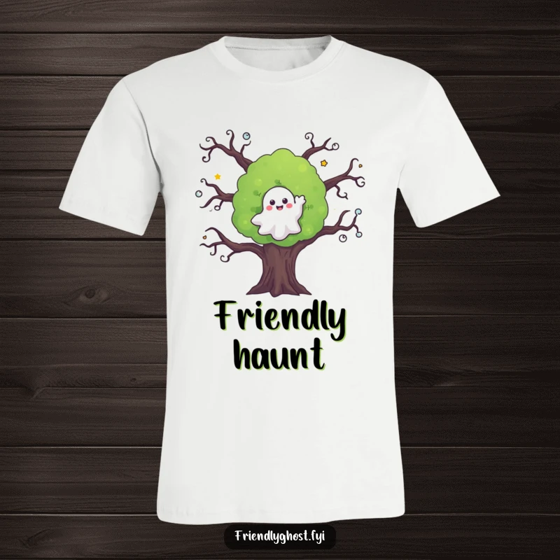Funny ghost t-shirt depicting a cheerful ghost waving farewell from a slightly spooky but ultimately friendly-looking tree.