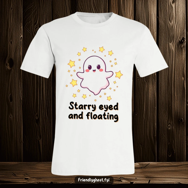 Funny happy ghost t-shirt showing a cheerful character happily floating through a beautiful field of stars.