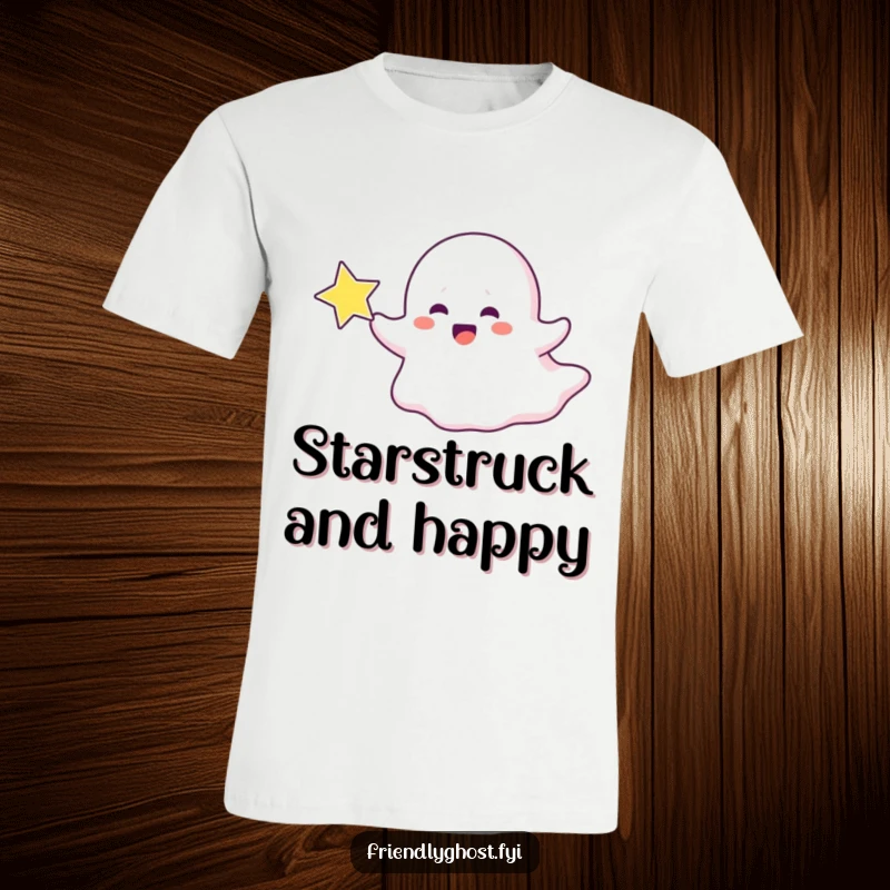 Funny ghost t-shirt with a ghost character playfully chasing a sparkling star with pure joy.