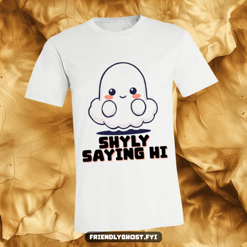 Funny t-shirt showcasing a shy ghost character peeking from behind a tiny, happy, smiling cloud.