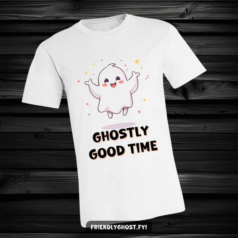 Funny t-shirt with a smiling ghost playfully jumping, surrounded by a festive cascade of confetti, embodying spectral celebration.