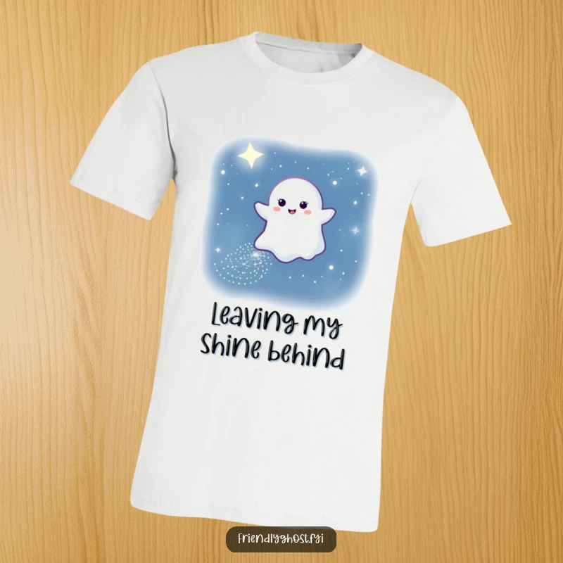 Funny t-shirt graphic of a smiling ghost leaving a glittering path through the dark night sky, a serene and magical scene.