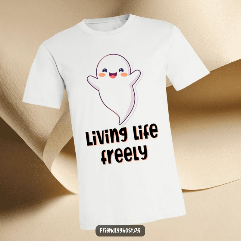 Funny upside down ghost t-shirt showing a happy, smiling ghost floating in a carefree, inverted position, perfect for quirky gift ideas.