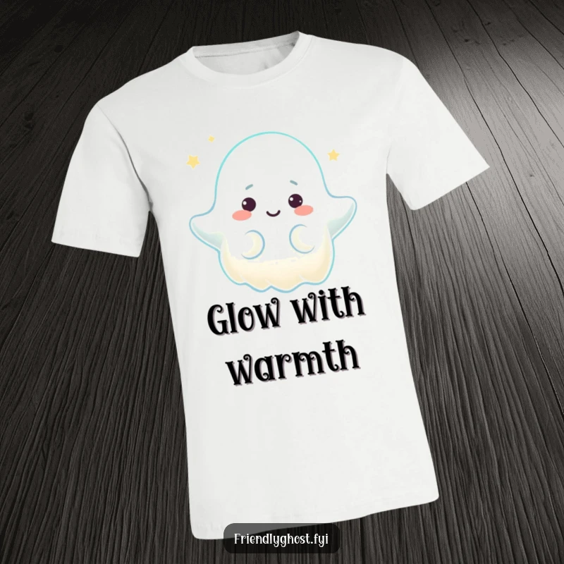Funny t-shirt depicting a ghost character emitting a warm, comforting glow with a serene expression, embodying peace and gentle light.