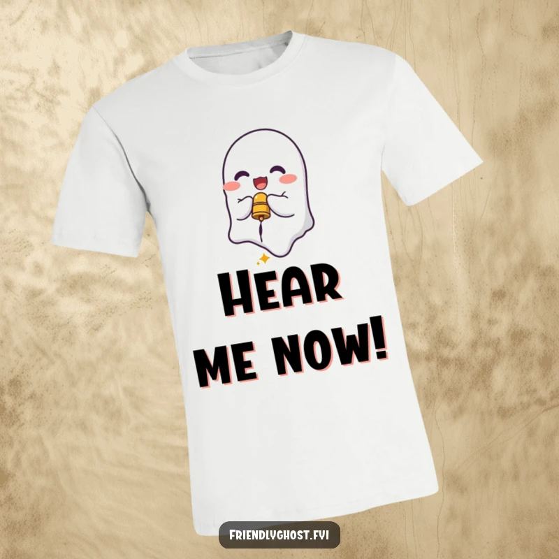 Funny Ghost Bell Ringer T-Shirt: Delighted spirit ringing a small bell, perfect for a cheerful, humorous gift.