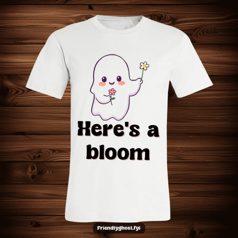 Funny ghost t-shirt featuring a friendly ghost holding out a small flower with a heartwarming smile.