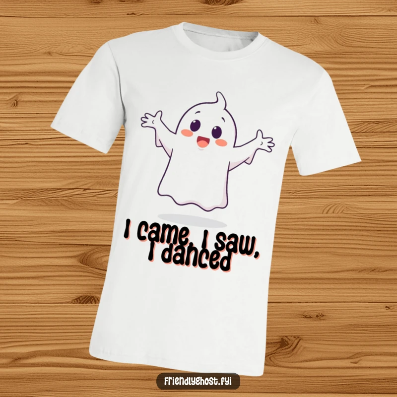 Funny ghost character t-shirt, captured mid-silly dance with arms outstretched in pure, ecstatic happiness.